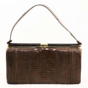 1950s Reptile Purse - Dark Brown Leather Handbag - Classic 50s 60s Bag - Goldtone Metal Hardware - Top Handle Bag - Near Mint! - 38906