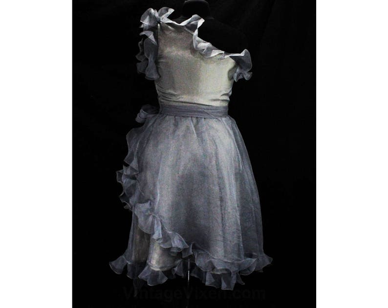 Size 8 Silver Cocktail Dress with Bare Shoulder - One Shoulder Party Dress - 1960s Glamour Look - Sterling Gray Shimmer Organza - Bust 36.5 image 4