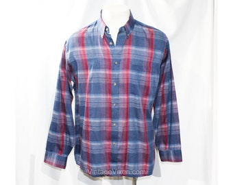 Men's XL Plaid Shirt - 1970s 80s Vintage Preppy Long Sleeve Mens Oxford Top - Dark Blue Red Shadow Plaid - The Fox JC Penney - Chest 46 48