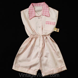 Size 4T Girl&#39;s 1950s Pink Romper - Terrific 50s Rosie The Riveter Child&#39;s Coverall with Gingham Trim - NWT Deadstock Work Wear - Chest 23