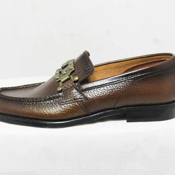 Size 12.5 Boys Shoes - Authentic 1960s Brown Leather Loafers - Child Size Boy's 12 1/2 D - Chunky Mod Buckle - NOS Deadstock in Box NIB