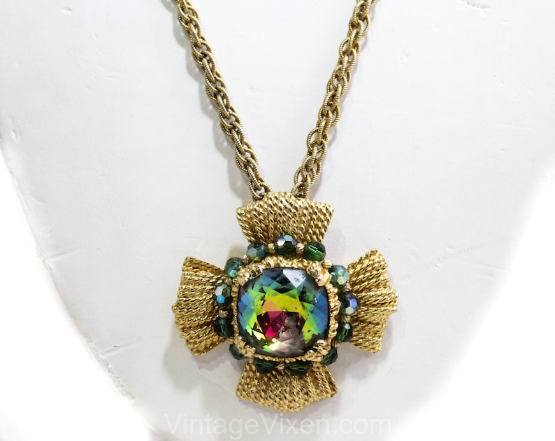 1970s Napier Striking Maltese Cross Pendant Necklace Rainbow Watermelon Faceted Glass Stone Bold Collectable Converts to Brooch Pin