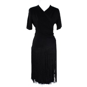 Size 4 1930s Dress - Small Short Sleeve 30s 40s Black Crepe Cocktail with Ruching & Long Fringe Skirt - Elegant Draped Torso - Waist 26.5