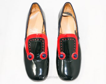 Girl's Size 4 Shoes - Glossy Navy Blue Patent Leather with Baroque Red Trim - 1960s Mod Style Big Kid Child's Shoe - 60s Deadstock NIB