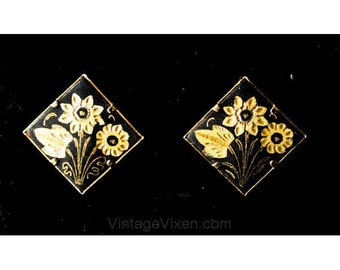 1940s Damascene Black & Gold Square Earrings - 40s Romantic Goldtone Clips - Etched Flowers on Metal - Clip On Earrings - 39054-1