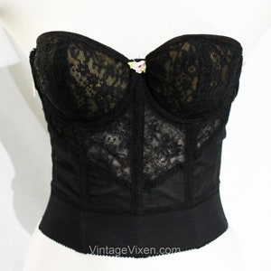 1950s Strapless Bra - Sexy 50s 60s Pin Up Girl Lingerie - Black Padded Bust Lace Backless Bustier with Pink Rosette - 34 A Long Line NOS NWT