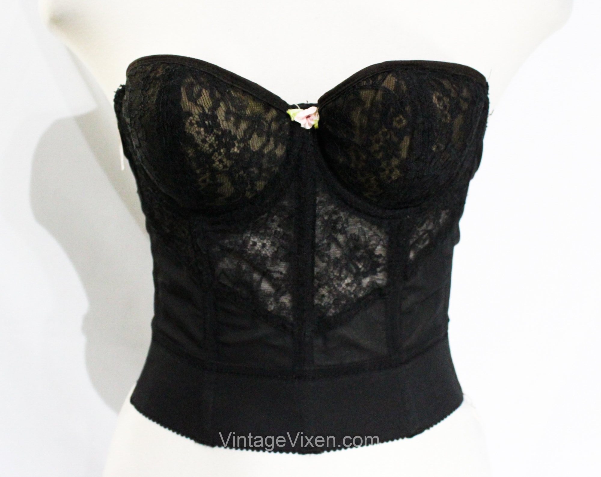 1950s Strapless Bra - Sexy 50s 60s Pin Up Girl Lingerie - Black Padded Bust Lace Backless Bustier with Pink Rosette - 34 A Long Line NOS NWT