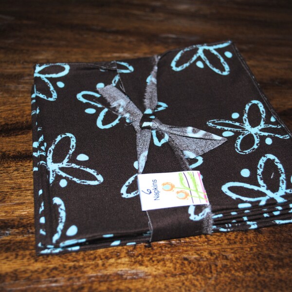 Chocolate brown Cloth Napkins with aqua flowers