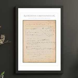 Puede incluir: Una impresión enmarcada en blanco y negro de notas escritas a mano por Alexander Grothendieck, un famoso matemático, sobre la ecuación funcional. Las notas están escritas en letra cursiva e incluyen fórmulas y símbolos matemáticos.