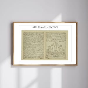 Pode incluir: Uma impressão emoldurada de notas manuscritas e um desenho de Sir Isaac Newton, intitulado "Sir Isaac Newton Notes on Alchemy circa 1690". As notas estão em tinta preta em um papel de cor creme. O desenho representa uma estrutura triangular com figuras e símbolos.