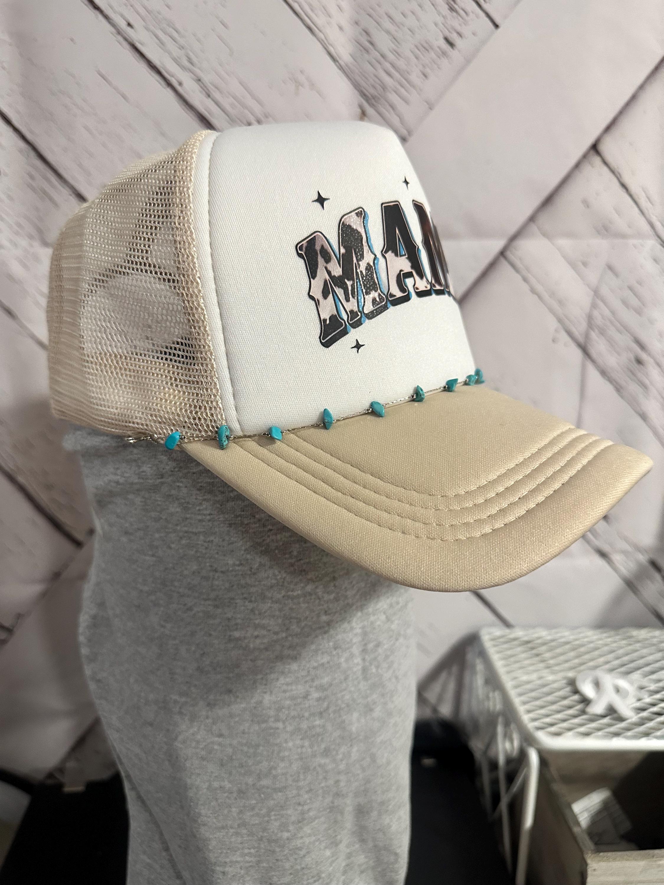Light Beige & White Trucker Hat – Cowhide “mama” Design With  display picture 1