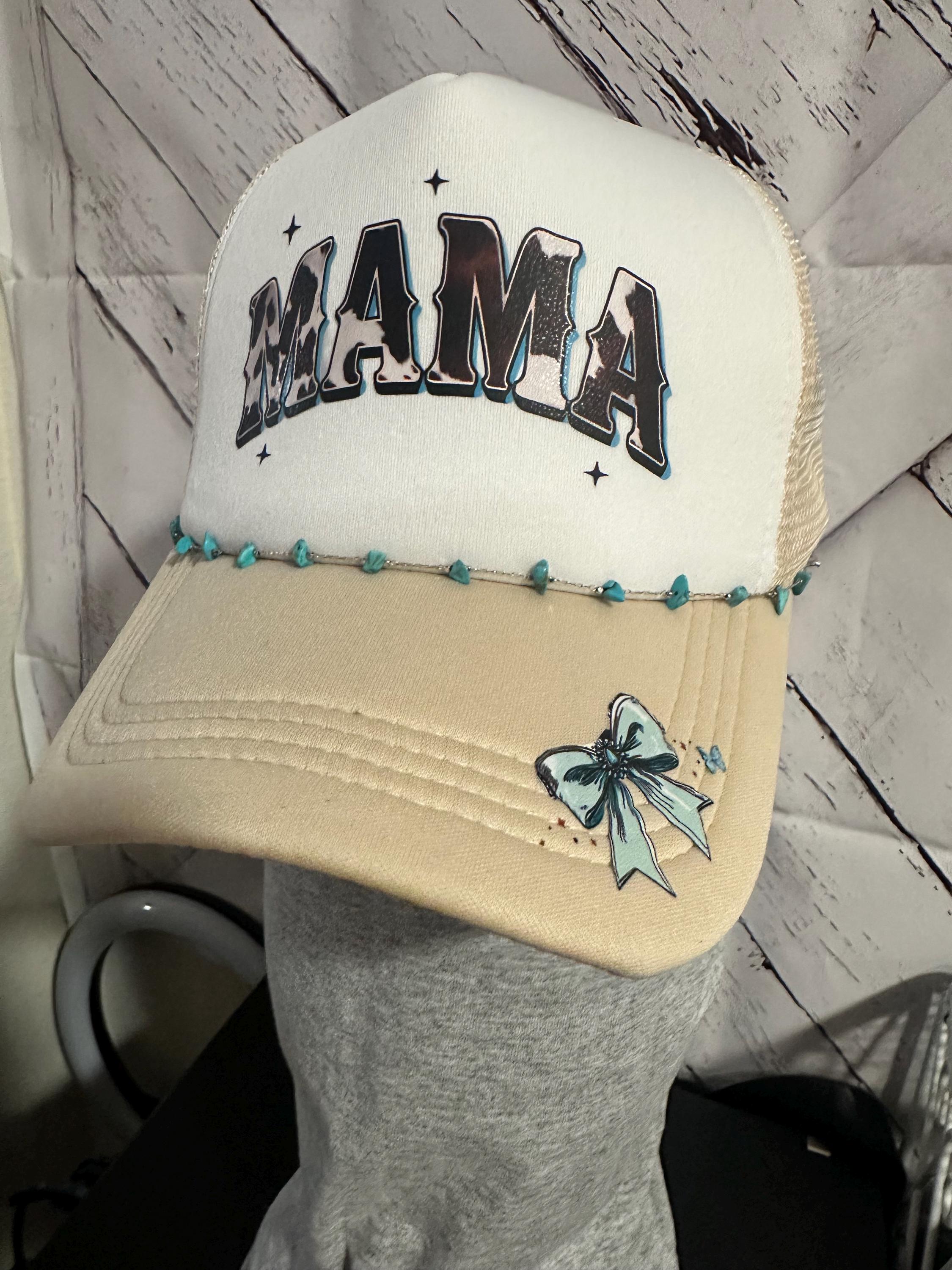 Light Beige & White Trucker Hat – Cowhide “mama” Design With  display picture 2