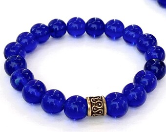 Pulsera elástica de cuentas de vidrio azul, joyería unisex, hecha en EE. UU.