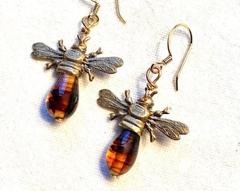 Pendientes colgantes de abejorro, cristal ámbar, joyería de insectos