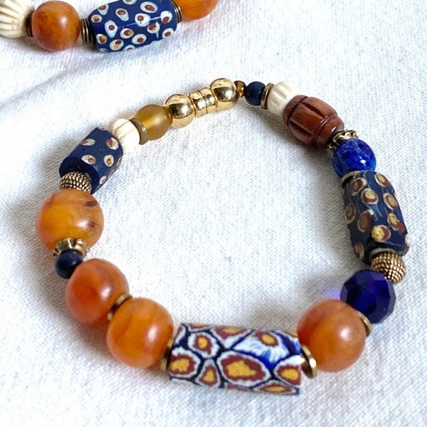 Beaded Bracelet with Trade Beads and Resin Beads, Bracelet with Magnet Clasp, Free Shipping USA