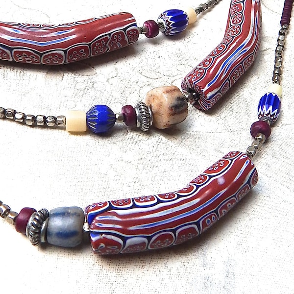 Trade Bead Necklace, Boho Beaded Necklace, Hippie Jewelry, Vintage African Tradebeads, Free Shipping USA