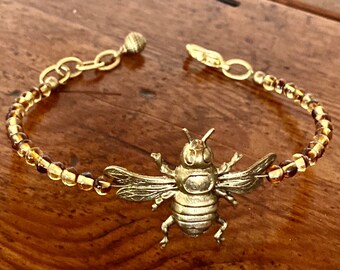 Pulsera de cuentas de abeja de latón, cristal de tortuga ámbar, estilo bohemio