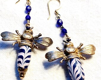 Pendientes colgantes de abeja, cuentas venecianas antiguas, estilo rosario