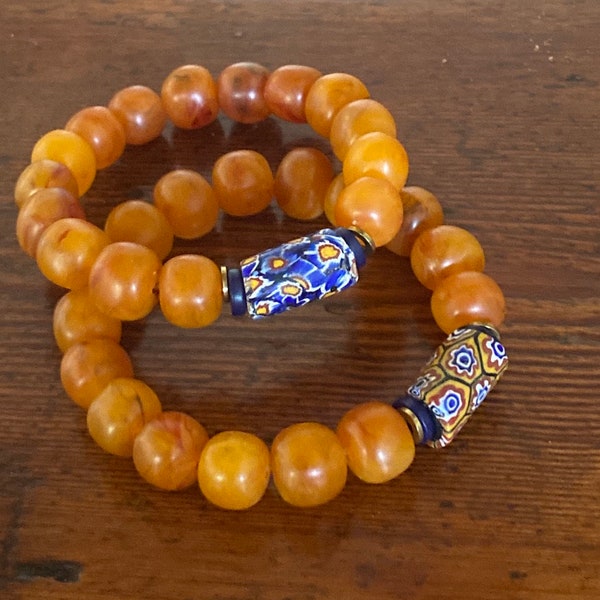 Trade Bead Bracelet, Butterscotch Faux Amber Stretch Bracelet, Elastic Bracelet, Trade bead Bracelet, Made in USA