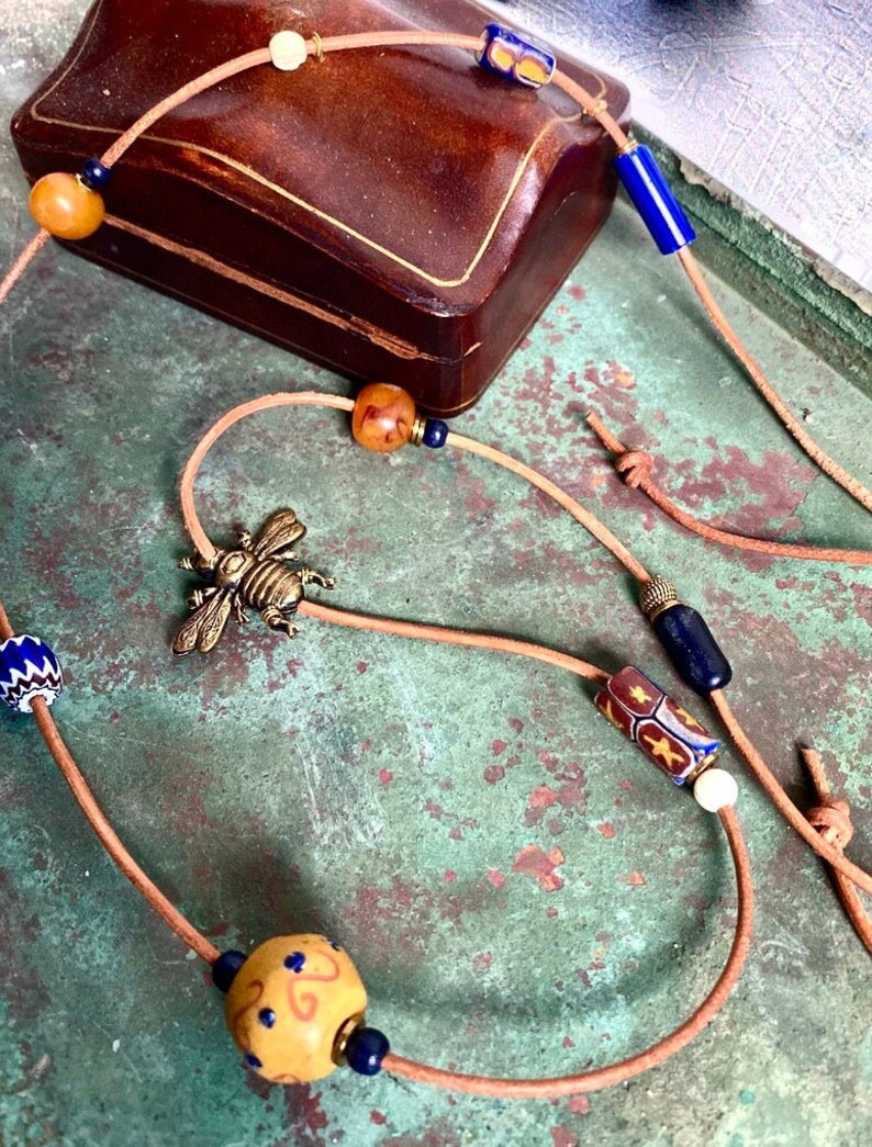 Made in USA, Adjustable Necklace Bee and Trade Bead Necklace Free Shipping USA Boho Beaded Necklace on Leather