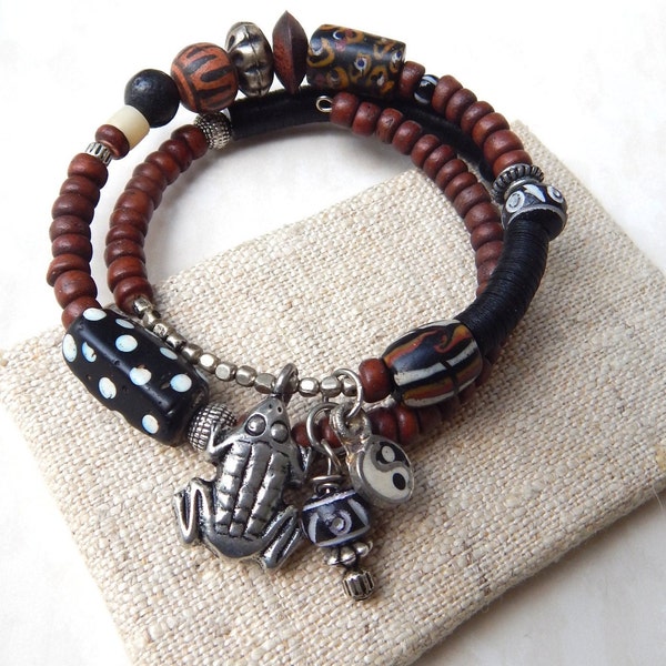 Boho Memory Wire Bracelet, Trade Bead Bracelet, Memory Wire Bracelet, Charm Bracelet, Frog Charm Bracelet