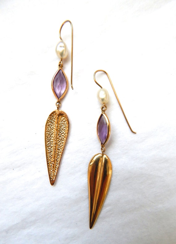 Feather Dangle Earring, 14k Gold Feather Earrings… - image 3