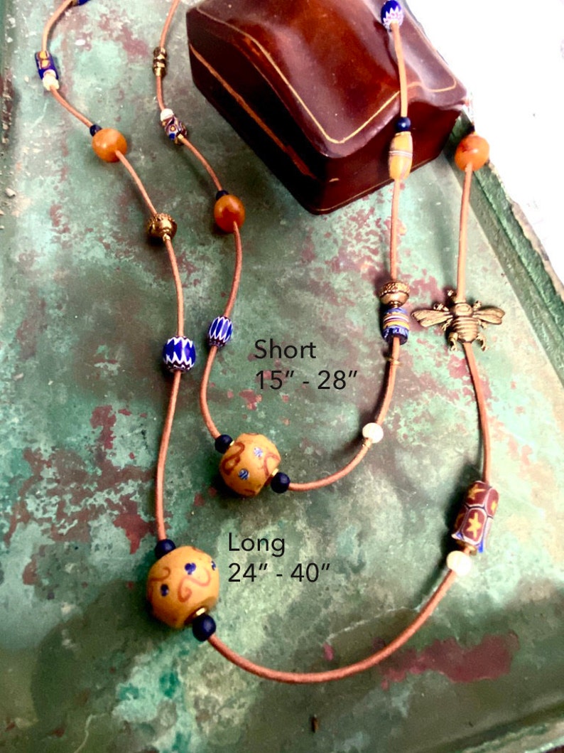 Made in USA, Adjustable Necklace Bee and Trade Bead Necklace Free Shipping USA Boho Beaded Necklace on Leather