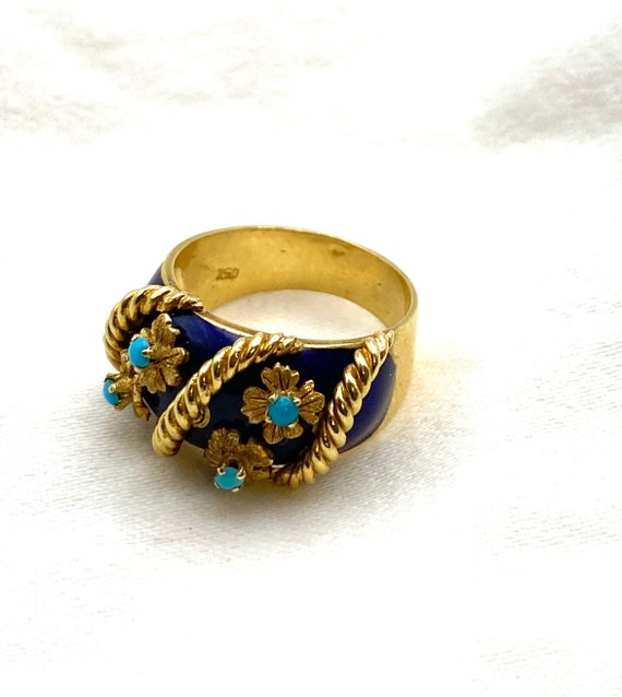 18k Gold Cloisonne Ring, Vintage Ring Size 6.5, Fr