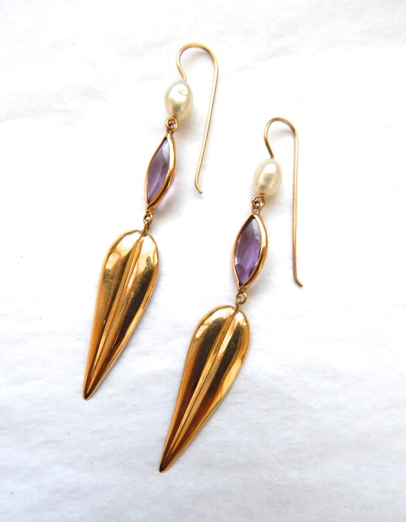 Feather Dangle Earring, 14k Gold Feather Earrings… - image 2