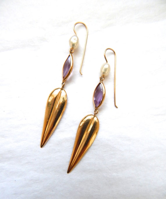 Feather Dangle Earring, 14k Gold Feather Earrings… - image 1