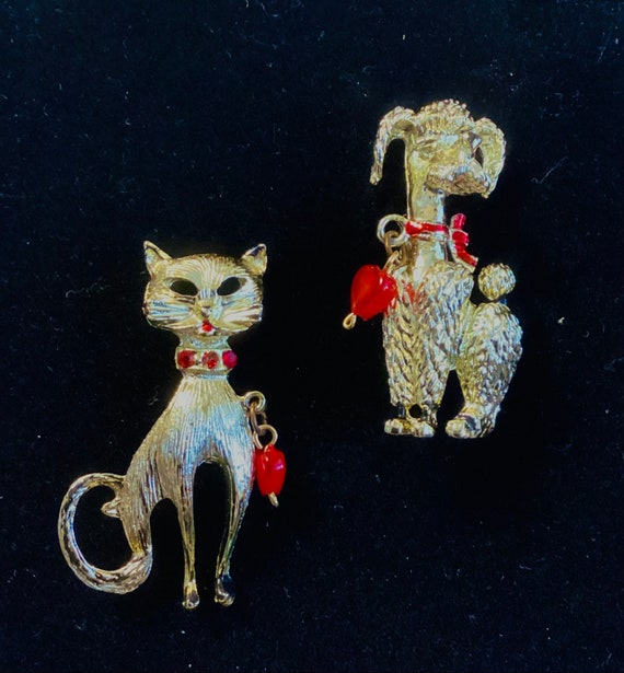 Vintage Dog or Cat Brooches, Rhinestone Pins, Pet… - image 1