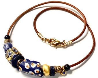 Collar de cuentas venecianas Millefiori, cordón de cuero, joyería hippie