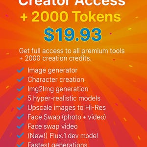 May include: An orange and yellow graphic promoting GENFLUENCE.AI Creator Access. The text includes "+ 2000 Tokens" and "$19.93". Features include image generation, character creation, and face swap. The image is designed for creators and AI explorers.