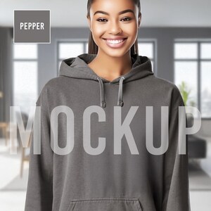 Pepper Hoodie Mockup Comfort Colors 1567 – Young Black Female Model, Unisex Sweatshirt – Digital Product Listing Photo for Etsy Sellers