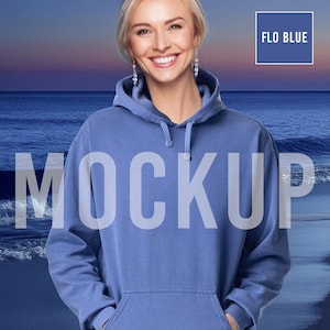 Flo Blue Mockup Comfort Colors 1567 Hoodie, Female Model Beach – Digital Product Photo for Etsy Sellers