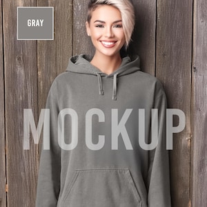 Gray Hoodie Mockup Comfort Colors 1567,  Young Woman Fence – Digital Product Listing Photo for Etsy Sellers