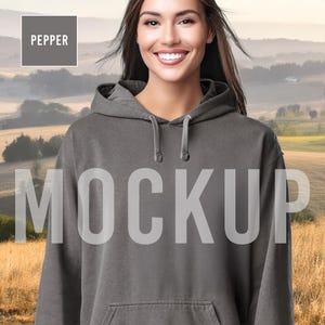Pepper Hoodie Mockup Comfort Colors 1567, Female Model Hills, Unisex Sweatshirt – Digital Product Listing Photo for Etsy Sellers