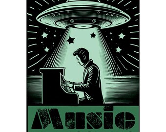 Funny Alien Music Print: Surreal UFO Piano Art (Digital Download)