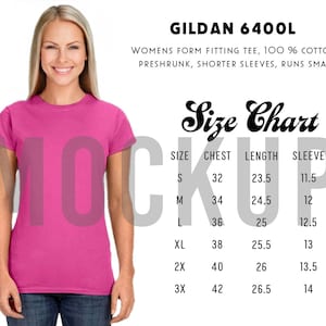 Guida alle taglie, T-shirt da donna Gildan 6400L, Tabella delle taglie per t-shirt in cotone, Modella giovane donna – Guida alle taglie digitale per venditori Etsy