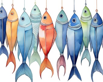 Skurril, Fisch Wand Kunst: Küsten Aquarell Druck (Digitaler Download)