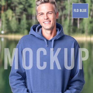 Flo Blue Hoodie Mockup Comfort Colors 1567 Male Model Unisex Sweatshirt– Digital Product Photo for Etsy Sellers