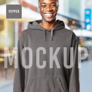 Hoodie Mockup Pepper Comfort Colors 1567, Black Male Model City Street, Unisex Sweatshirt – Digital Product Listing Photo for Etsy Sellers