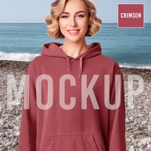 Crimson Hoodie Mockup Comfort Colors 1567 Female Model Unisex Sweatshirt – Digital Product Photo for Etsy Sellers