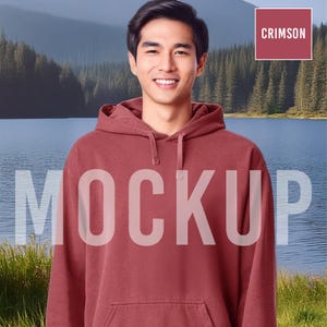 Crimson Hoodie Mockup Comfort Colors 1567 Sweatshirt Male Model – Digital Product Photo for Etsy Sellers