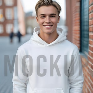 Hoodie Mockup White Comfort Colors 1567, Young Man City Street– Digital Product Listing Photo for Etsy Sellers