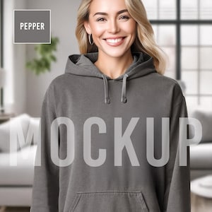 Pepper Hoodie Mockup Comfort Colors 1567, Female Model Living Room, Unisex Sweatshirt – Digital Product Listing Photo for Etsy Sellers