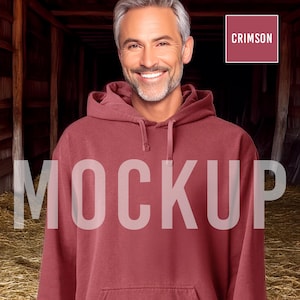 Crimson Hoodie Mockup Comfort Colors 1567 Sweatshirt Older Male Model – Digital Product Photo for Etsy Sellers