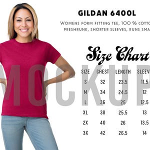 Guida alle taglie, T-shirt da donna Gildan 6400L, tabella delle taglie per t-shirt in cotone, modello femminile – Guida alle taglie digitale per venditori Etsy