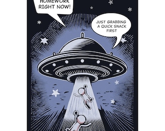 Funny Alien 'Snack Time' Art: Teen Boy UFO Poster (Digital Download)