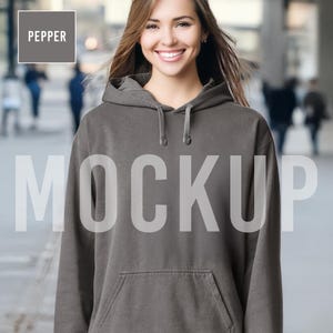Pepper Hoodie Mockup Comfort Colors 1567, Young Woman City Street – Digital Product Listing Photo for Etsy Sellers